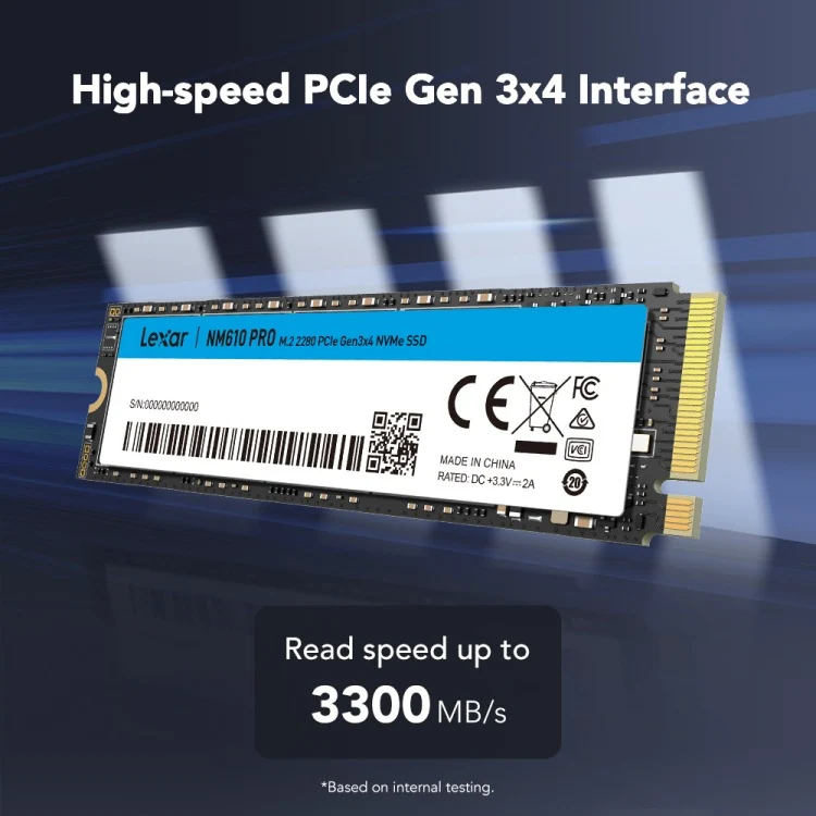 Lexar NM610 PRO M.2 2280 3300MB/s Read PCIe Gen3x4 NVMe SSD (500GB, 1TB, 2TB) (LNM610P500G-RNNNG, LNM610P001T-RNNNG, LNM610P002T-RNNNG)