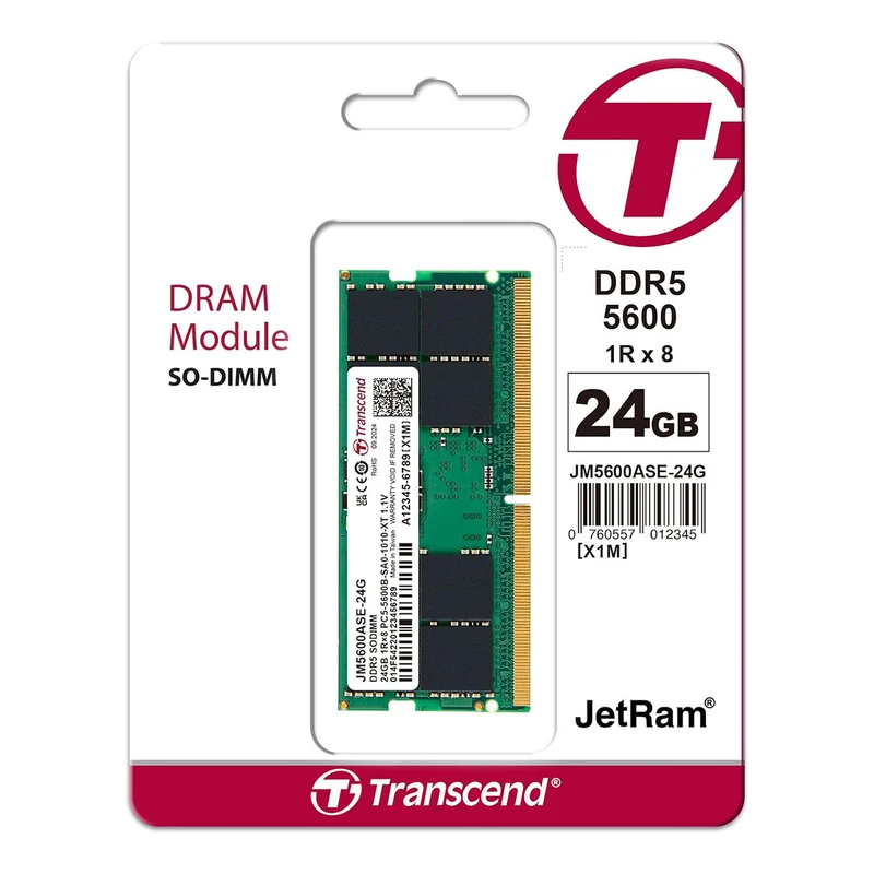 Transcend JetRam 24GB DDR5 5600MHz SODIMM 1Rx8 CL46 1.1V (JM5600ASE-24G)