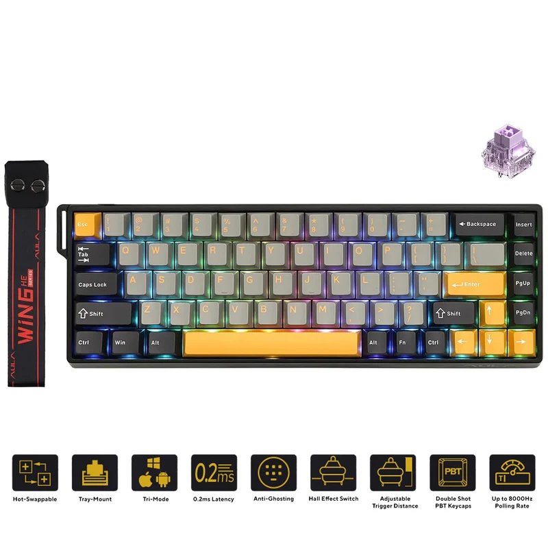Aula WIN68HE 68-Key RGB 65% Wired Magnetic Switch Gaming Keyboard (Wing Chun Switch) (Grey/Yellow/Black)