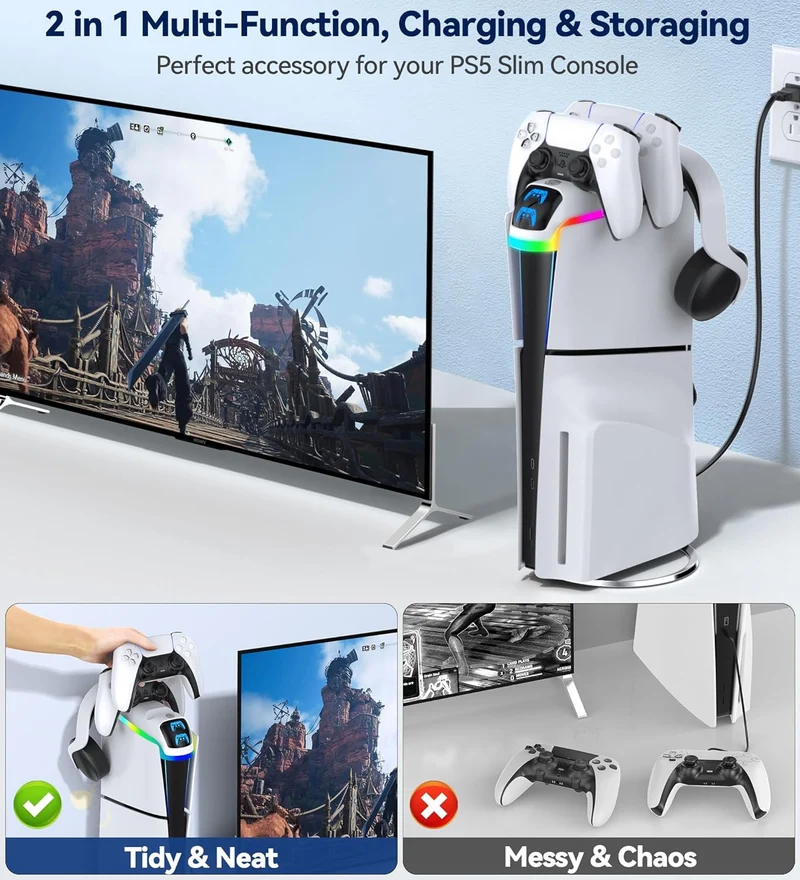 OIVO Controller Charging Station with Headset Holder for 2023 PS5 Disc & Digital Edition (White) (NG-P5301)
