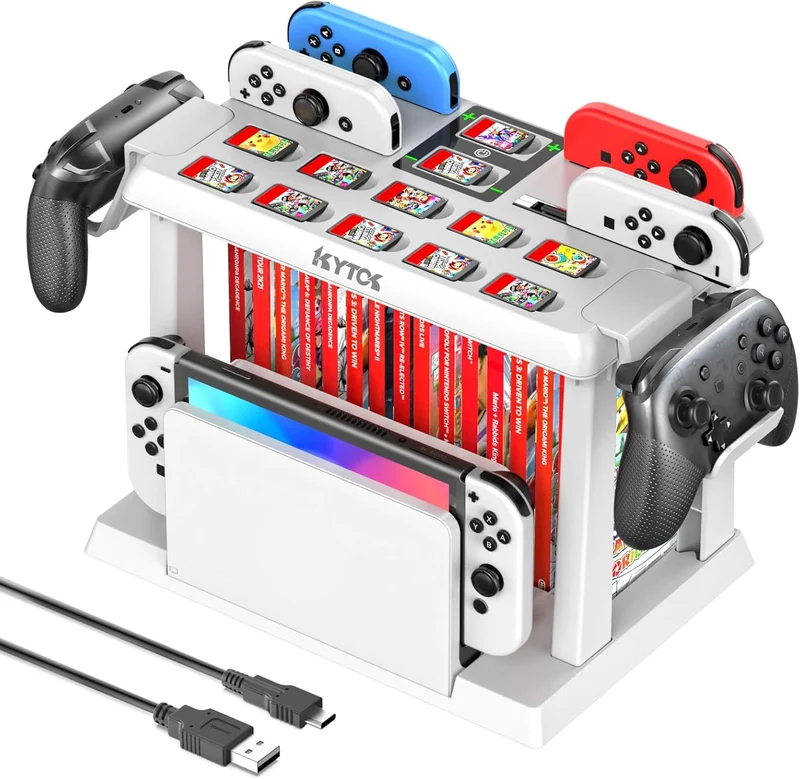 Kytok Controller Charger with Game Slot & Controller Holder for Nintendo Switch / Nintendo Switch OLED (White) (KT-K502W)