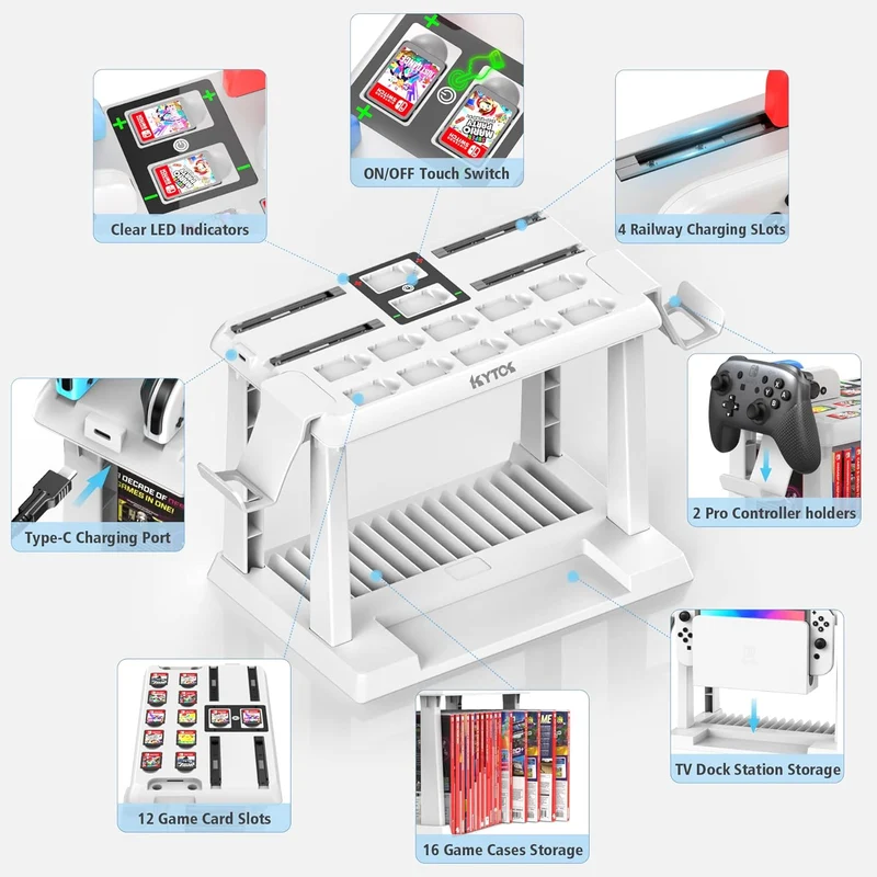 Kytok Controller Charger with Game Slot & Controller Holder for Nintendo Switch / Nintendo Switch OLED (White) (KT-K502W)