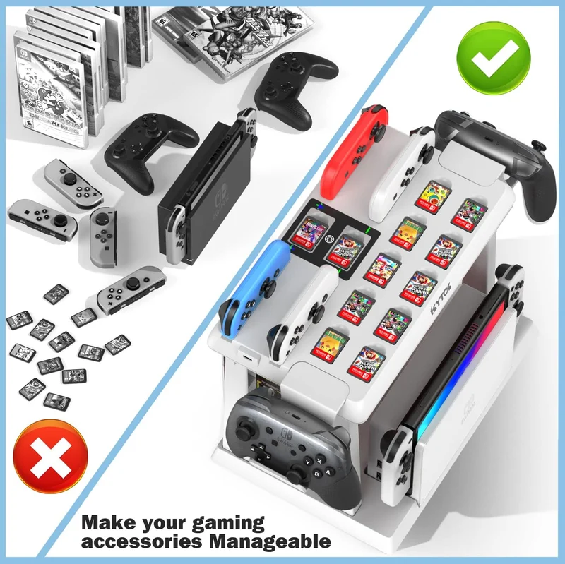 Kytok Controller Charger with Game Slot & Controller Holder for Nintendo Switch / Nintendo Switch OLED (White) (KT-K502W)