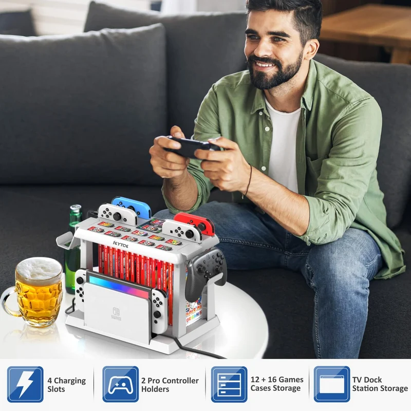 Kytok Controller Charger with Game Slot & Controller Holder for Nintendo Switch / Nintendo Switch OLED (White) (KT-K502W)