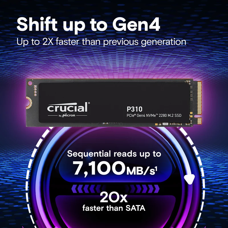Crucial P310 PCIe Gen4 NVMe 2280 M.2 SSD (1TB, 2TB) (CT1000P310SSD8, CT2000P310SSD8)