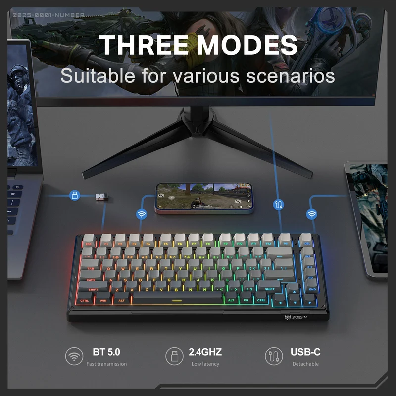 Onikuma G83 83-Key RGB Tri-Mode Hot-Swappable Mechanical Keyboard (Goertek Pink Linear Axis)