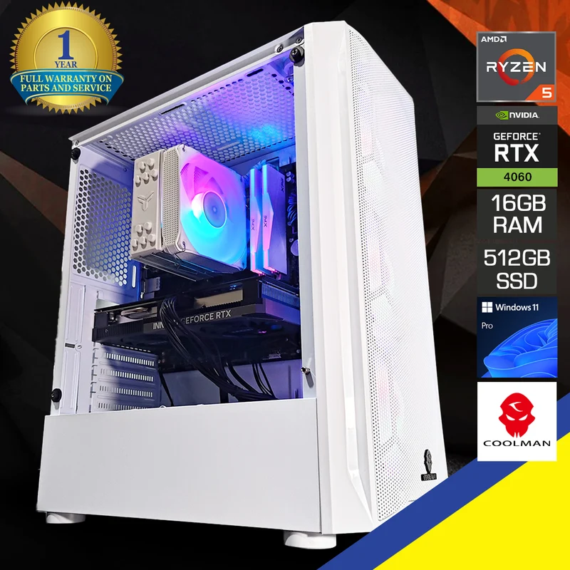 Alpha Aurora White Desktop Gaming PC | AMD Ryzen 5 5500 | 16 GB RAM | 512 GB SSD | RTX 4060 | Windows 11 Pro