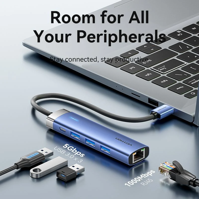 Vention 5-in-1 USB 3.0 Hub - USB-A to USB 3.0 x 3 + RJ45 + USB-C (Blue) (TGFSB)
