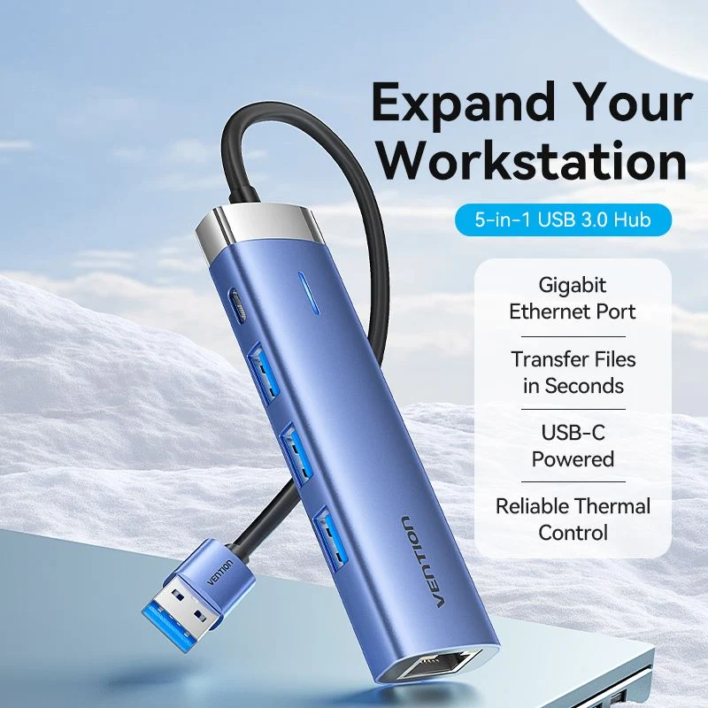 Vention 5-in-1 USB 3.0 Hub - USB-A to USB 3.0 x 3 + RJ45 + USB-C (Blue) (TGFSB)