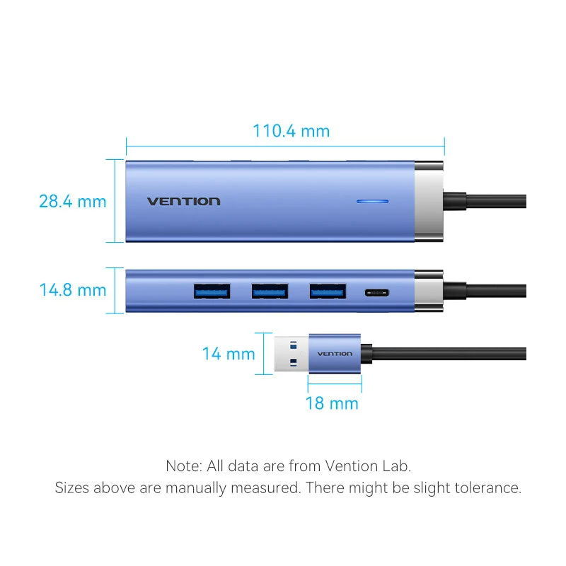 Vention 5-in-1 USB 3.0 Hub - USB-A to USB 3.0 x 3 + RJ45 + USB-C (Blue) (TGFSB)