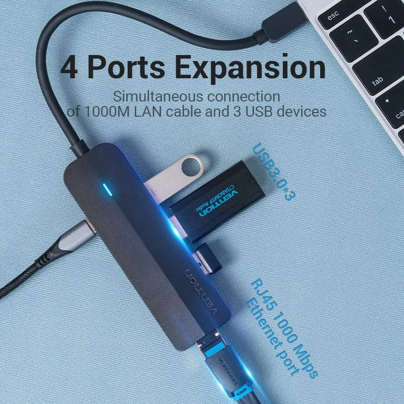 Vention 5-in-1 USB-C Hub with Gigabit Ethernet Adapter - USB-C to USB 3.0 x 3 + RJ45 + Micro-B - 0.15M (TGPBB)