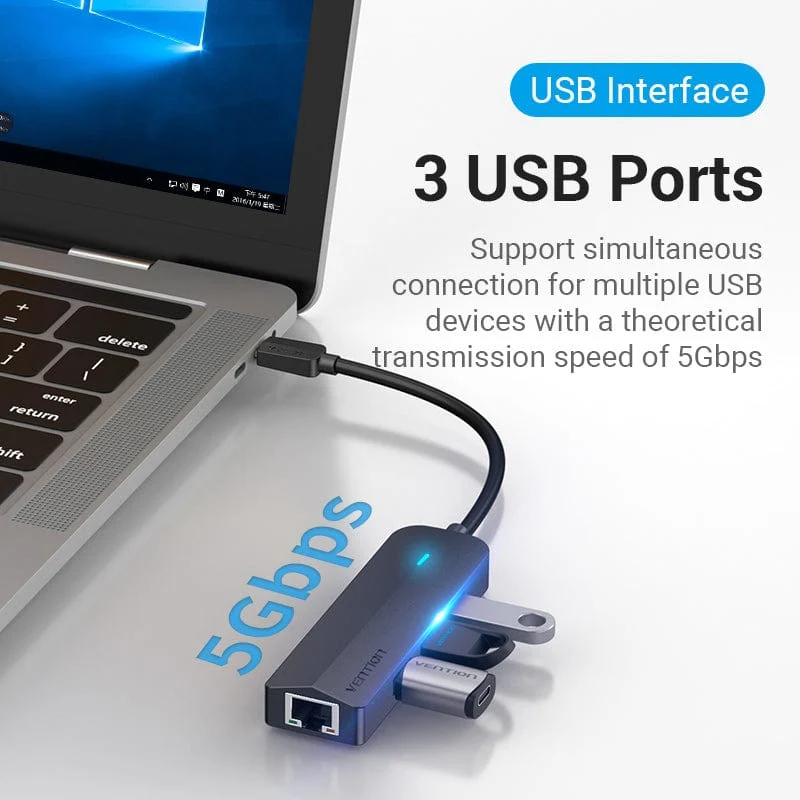 Vention 5-in-1 USB-C Hub with Gigabit Ethernet Adapter - USB-C to USB 3.0 x 3 + RJ45 + Micro-B - 0.15M (TGPBB)