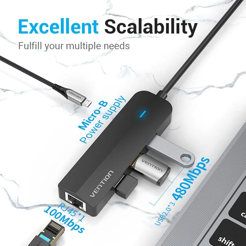 Vention 5-in-1 USB-C Hub - USB-C to USB 2.0 x 3 + RJ45 + Micro-B - 0.15M (TGOBB)