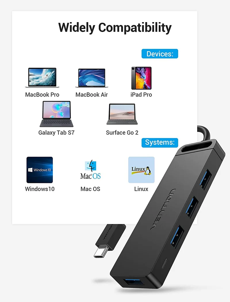 Vention 5-in-1 USB-C Hub - USB-C to USB 3.0 x 4 + Micro-B - 0.15M (TGKBB)