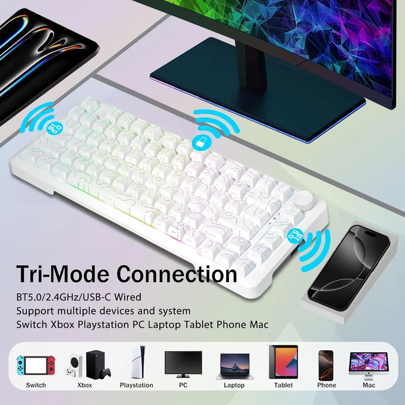 E-Yooso Z-82 RGB 81-Keys Tri-Mode Mechanical Keyboard White (Silverwood Switch)