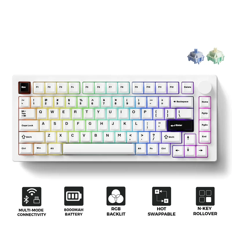 MonsGeek M1 V5 Black on White Aluminum Case Multi-Mode RGB Hot-Swappable Mechanical Keyboard (Akko Mirror Switch, Akko Cilantro Switch)