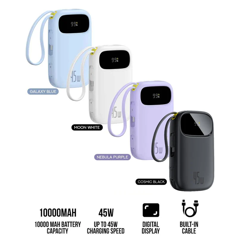 Baseus QPow 3 Digital Display Fast-Charging Power Bank with 2 Built-in USB-C Cable 10000mAh 45W (Galaxy Blue, Moon White, Nebula Purple, Cosmic Black)