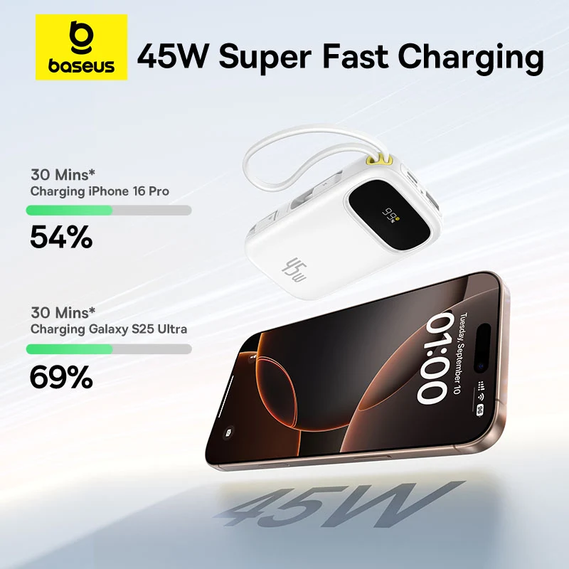Baseus QPow 3 Digital Display Fast-Charging Power Bank with 2 Built-in USB-C Cable 10000mAh 45W (Galaxy Blue, Moon White, Nebula Purple, Cosmic Black)