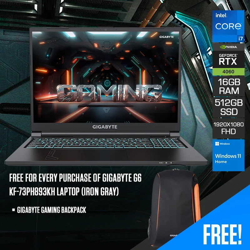 Gigabyte G6 KF-73PH893KH Laptop (Iron Gray) | 16" FHD (1920x1080) 165Hz | i7-13700H | 16GB RAM | 512GB SSD | RTX 4060 | Windows 11 Home | Gigabyte Gaming Backpack