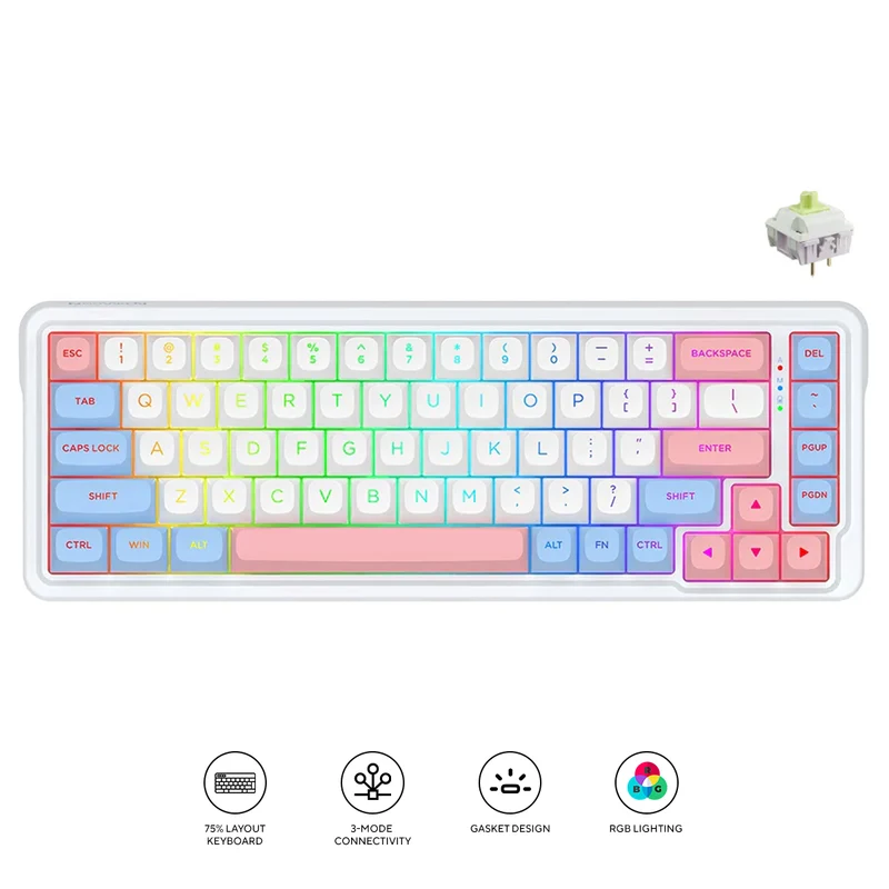 Redragon K709WBP RGB Nova Pro 81 Keys 75% Hot-Swappable Gasket-Mounted Wireless Mechanical Gaming Keyboard (Mint Mambo Switch) (Wonder Pink & Blue)