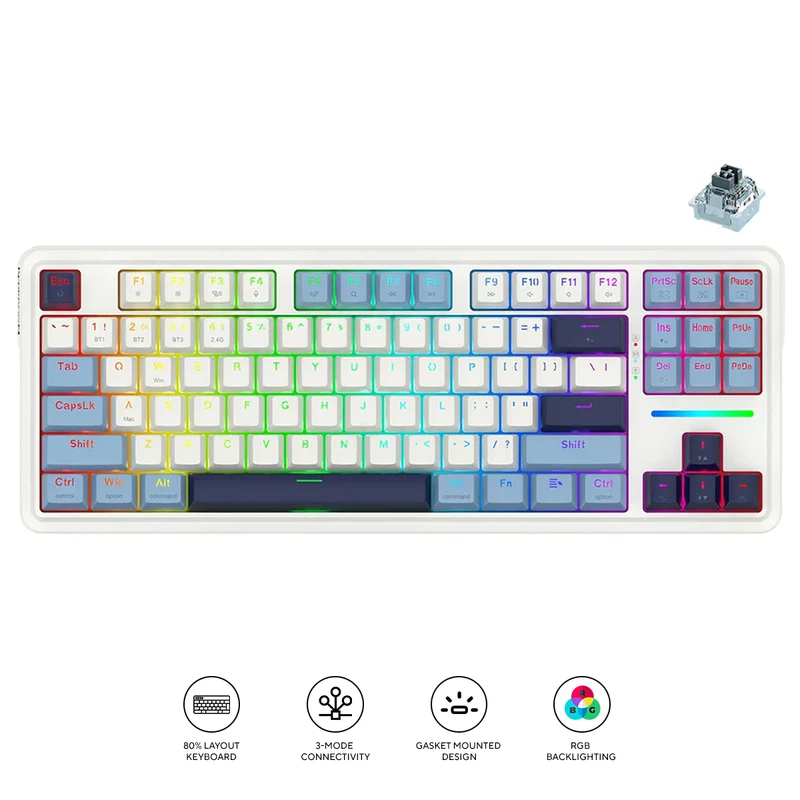 Redragon K728WBB RGB Antonium Pro 87 Keys 80% Gasket Mounted TKL Wireless Mechanical Keyboard (White & Blue)