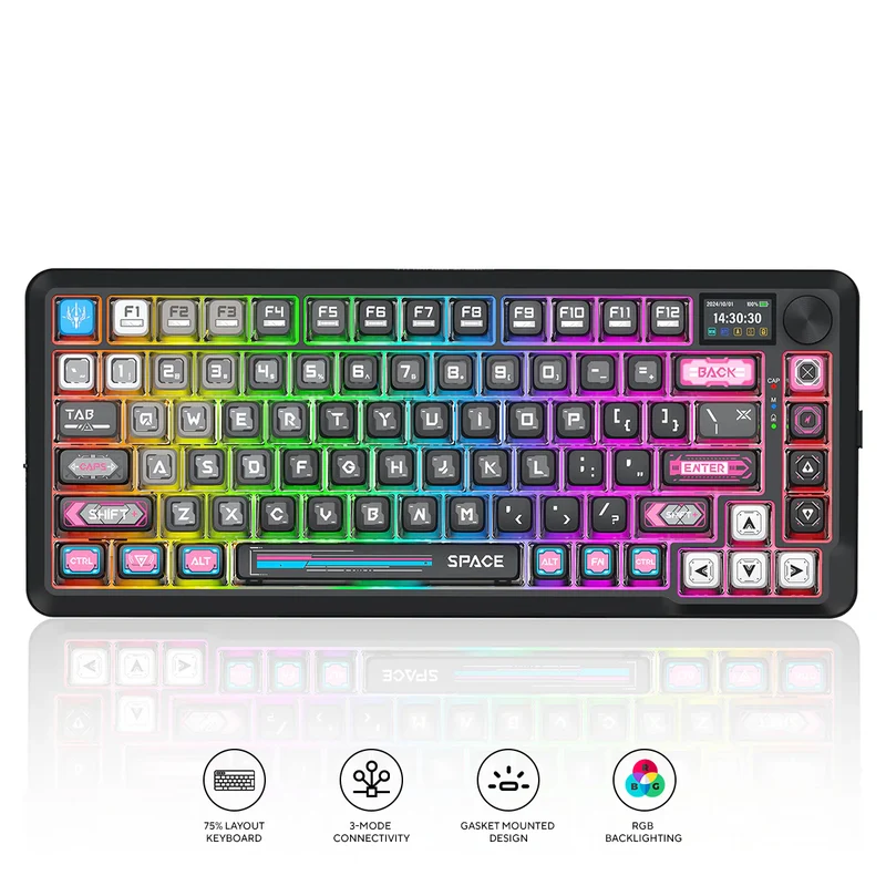 Redragon K708MC RGB Flekact Pro 82 Keys 75% Gasket Mounted Wireless Mechanical Keyboard with Customizable Smart LCD Screen (Special Keycaps Ed.)