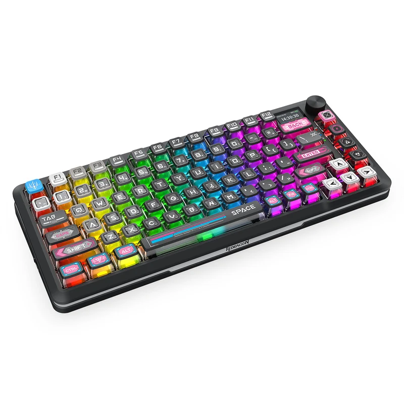 Redragon K708MC RGB Flekact Pro 82 Keys 75% Gasket Mounted Wireless Mechanical Keyboard with Customizable Smart LCD Screen (Special Keycaps Ed.)