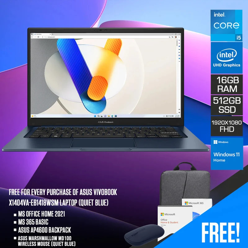 Asus Vivobook X1404VA-EB1418WSM Laptop (Quiet Blue) | 14" FHD (1920x1080) | Core 5-120U | 16GB RAM | 512GB SSD | Intel UHD Graphics | Win 11 Home | MS Office Home 2021 +MS 365 Basic +Asus AP4600 Backpack +Asus Marshmallow MD100 Wireless Mouse (Quiet Blue)