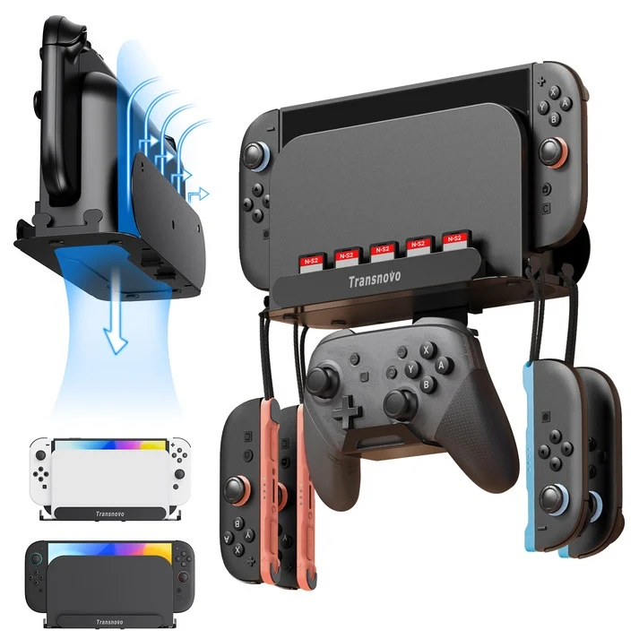Transnovo Wall Mount with 5 Game Card Storage Slots & 4 Joy-Pad Bracket & Controller Holder for N-Switch / N-Switch OLED / N-Switch 2 (Black) (NS-ST01)