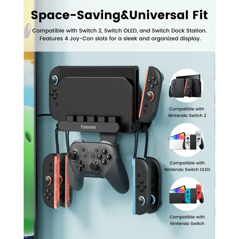 Transnovo Wall Mount with 5 Game Card Storage Slots & 4 Joy-Pad Bracket & Controller Holder for N-Switch / N-Switch OLED / N-Switch 2 (Black) (NS-ST01)