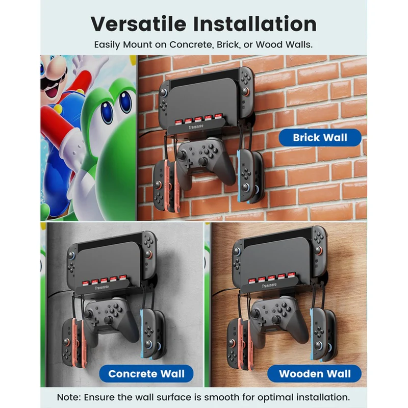 Transnovo Wall Mount with 5 Game Card Storage Slots & 4 Joy-Pad Bracket & Controller Holder for N-Switch / N-Switch OLED / N-Switch 2 (Black) (NS-ST01)