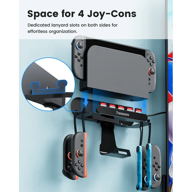 Transnovo Wall Mount with 5 Game Card Storage Slots & 4 Joy-Pad Bracket & Controller Holder for N-Switch / N-Switch OLED / N-Switch 2 (Black) (NS-ST01)