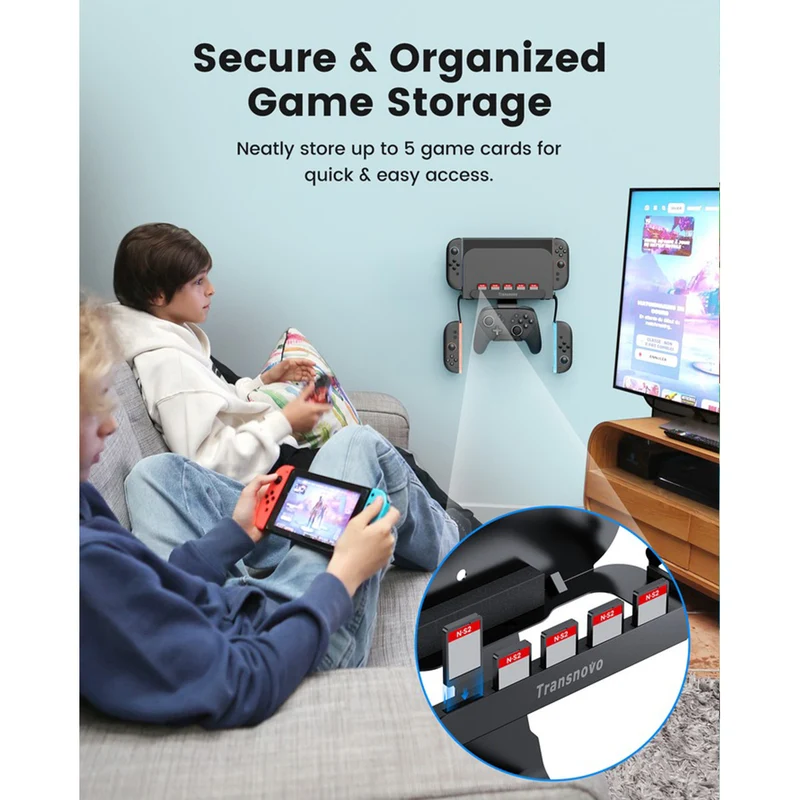 Transnovo Wall Mount with 5 Game Card Storage Slots & 4 Joy-Pad Bracket & Controller Holder for N-Switch / N-Switch OLED / N-Switch 2 (Black) (NS-ST01)