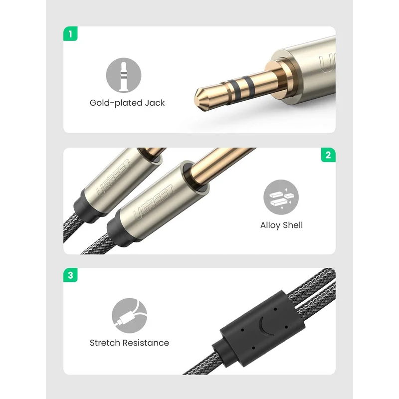 Ugreen AV126 3.5mm TRS To Dual 6.35Mm TS Audio Cable (1M, 2M) (Grey) (AV126/10613, AV126/10615)