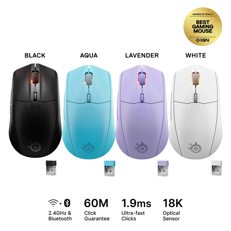 SteelSeries Rival 3 Wireless Gen 2 TrueMove Air Sensor Gaming Mouse (Black, White, Aqua, Lavender) (62523, 62524, 62526, 62525)