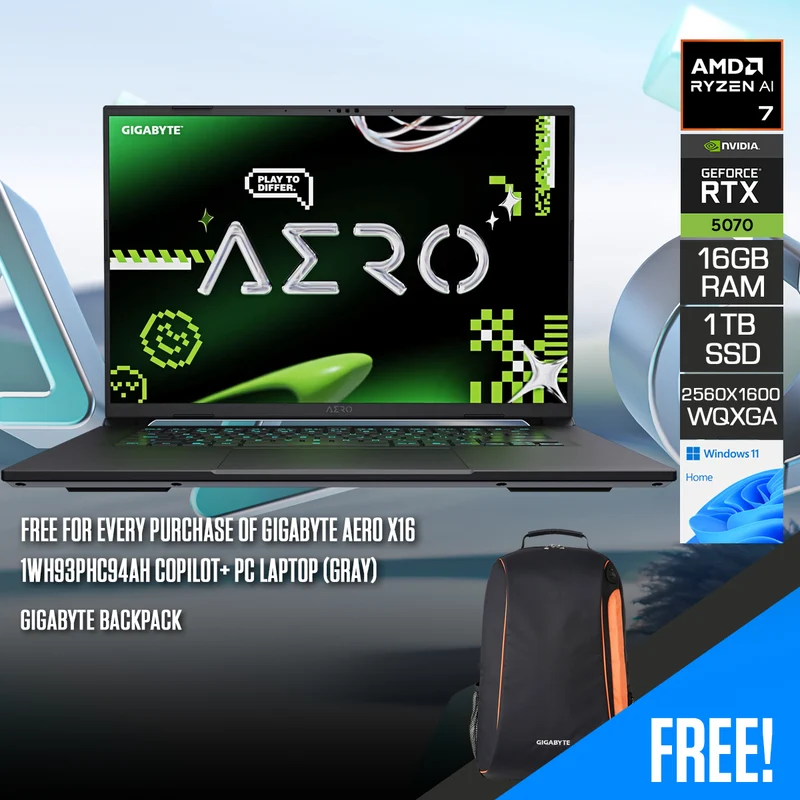 Gigabyte Aero X16 1WH93PHC94AH Copilot+ PC Laptop (Gray) | 16" QHD+ (2560x1600) 165Hz IPS | Ryzen AI 7 350 | 16GB RAM | 1TB SSD | RTX 5070 8GB | Windows 11 Home | Gigabyte Backpack