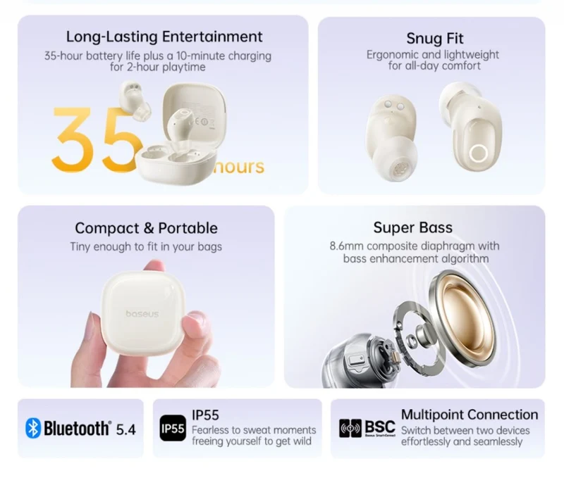 Baseus Bass BD1 Bean-Shaped True Wireless Earbuds (Cosmic Black, Starlight Off-White) (A00084601123-Z1, A00084601233-Z1)