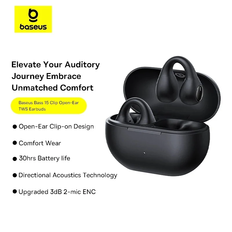 Baseus Bass 15 Clip Open-Ear True Wireless Earphone (Cluster Black, Stellar White) (A00079500113-00, A00079500223-00)