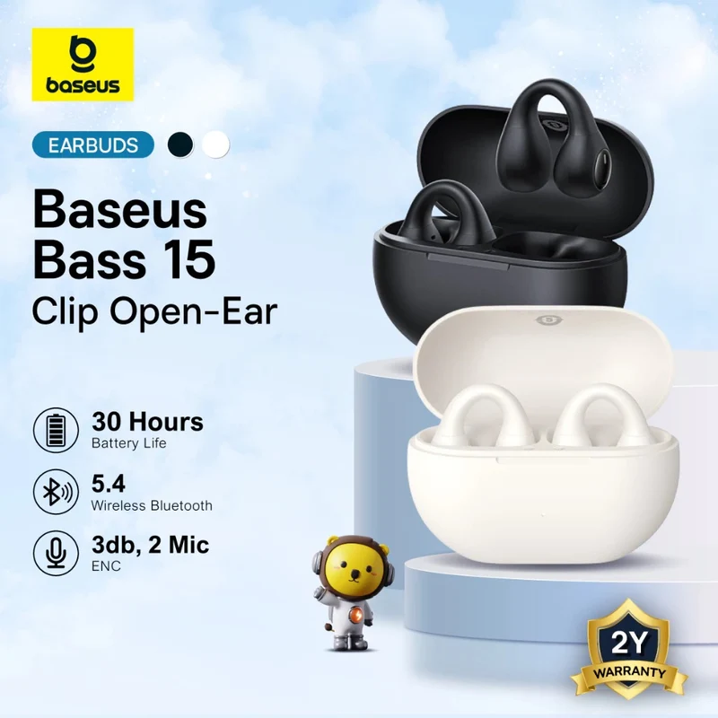 Baseus Bass 15 Clip Open-Ear True Wireless Earphone (Cluster Black, Stellar White) (A00079500113-00, A00079500223-00)