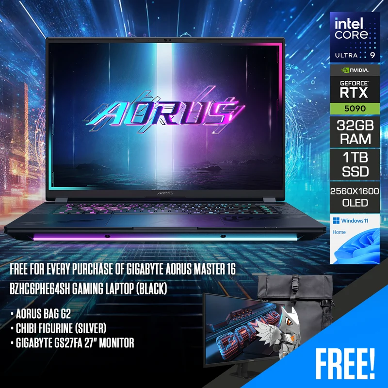 Gigabyte Aorus Master 16 BZHC6PHE64SH Gaming Laptop (Black) | 16" QHD+ (2560x1600) 240Hz OLED | Ultra 9 275HX | 32GB RAM | 1TB SSD | RTX 5090 24GB | Windows 11 Home | Aorus Bag G2 + Chibi Figurine (Silver) + Gigabyte GS27FA 27" Monitor