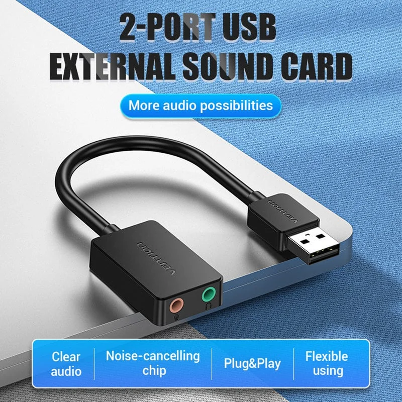 Vention 2-Port USB External Sound Card - USB-A to TRS 3.5mm x 2 - 0.15M (Black) (CDYB0)