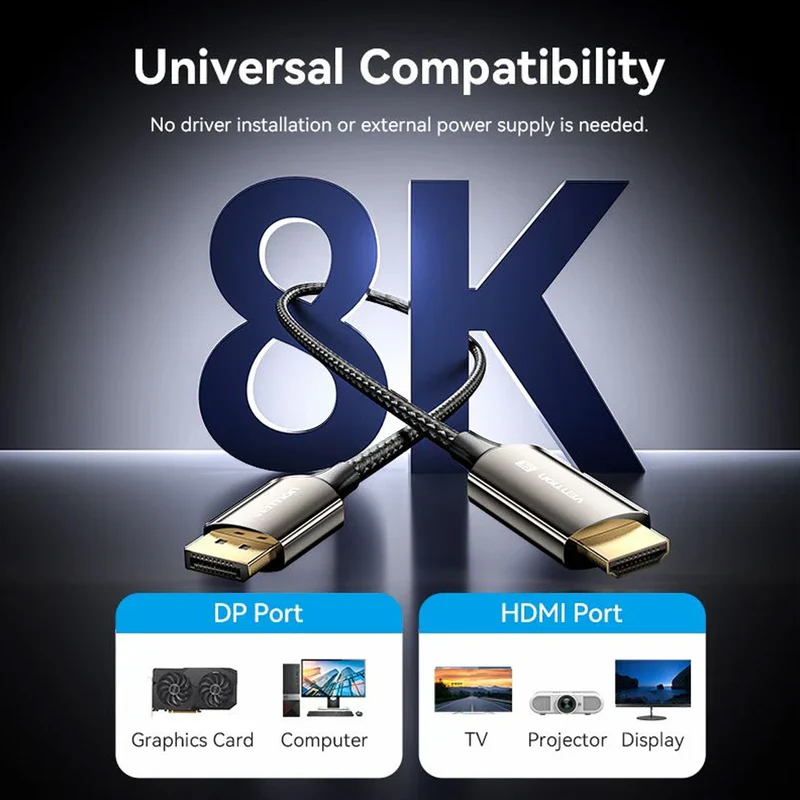 Vention Cotton Braided 8K DisplayPort Male to HDMI Male Cable - Black Zinc Alloy Type 1.8M (HFPBAC)