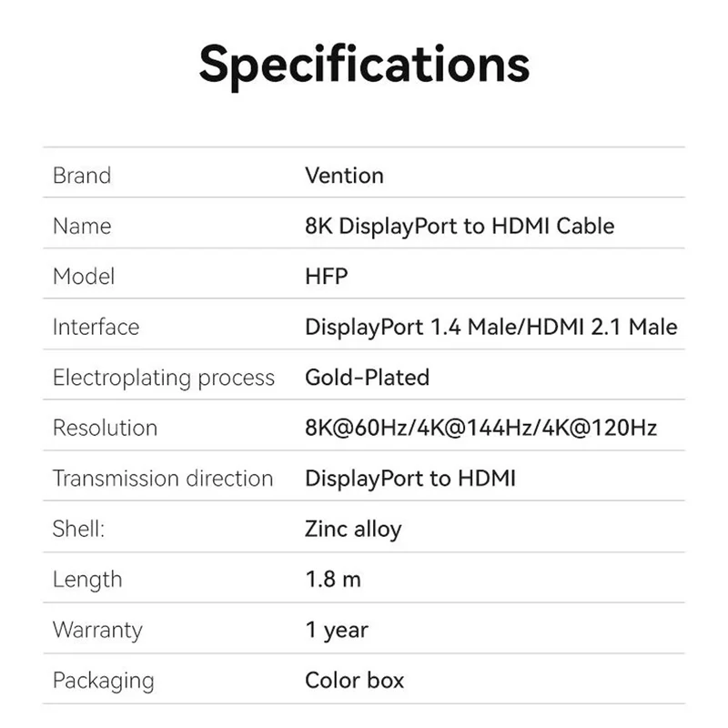 Vention Cotton Braided 8K DisplayPort Male to HDMI Male Cable - Black Zinc Alloy Type 1.8M (HFPBAC)