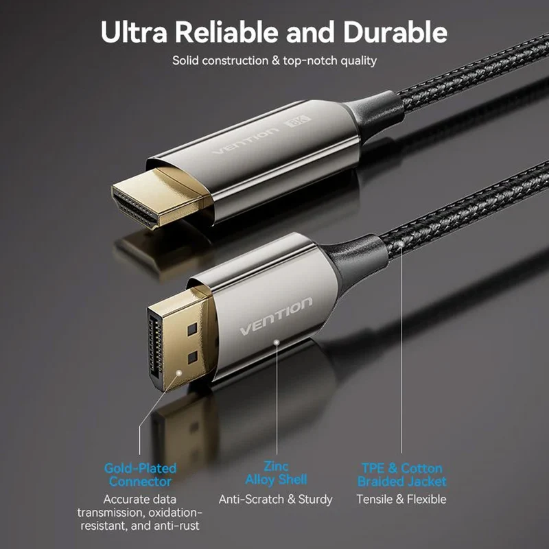 Vention Cotton Braided 8K DisplayPort Male to HDMI Male Cable - Black Zinc Alloy Type 1.8M (HFPBAC)