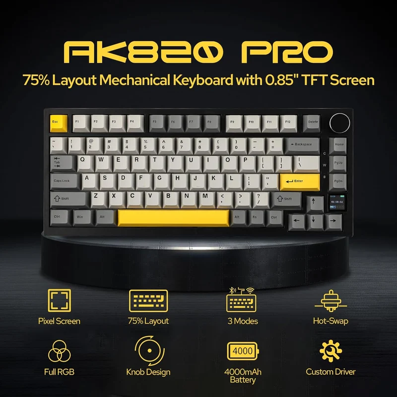 Ajazz AK820 Pro RGB Tri-Mode 75% Hot-Swappable Mechanical Keyboard with TFT Screen (Black/Grey/Yellow) (Flying Fish Switch)