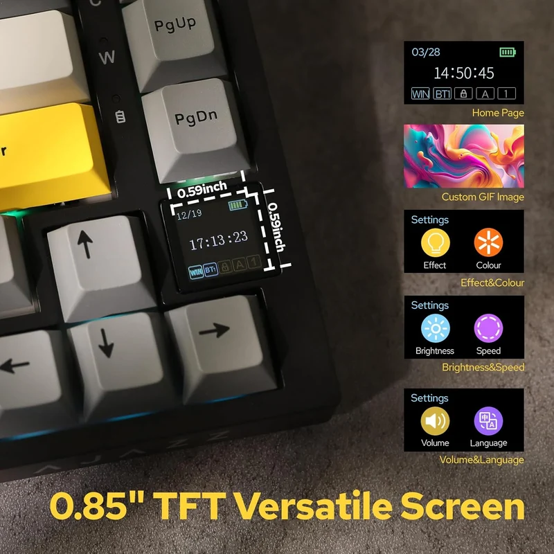 Ajazz AK820 Pro RGB Tri-Mode 75% Hot-Swappable Mechanical Keyboard with TFT Screen (Black/Grey/Yellow) (Flying Fish Switch)