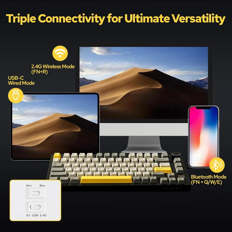 Ajazz AK820 Pro RGB Tri-Mode 75% Hot-Swappable Mechanical Keyboard with TFT Screen (Black/Grey/Yellow) (Flying Fish Switch)