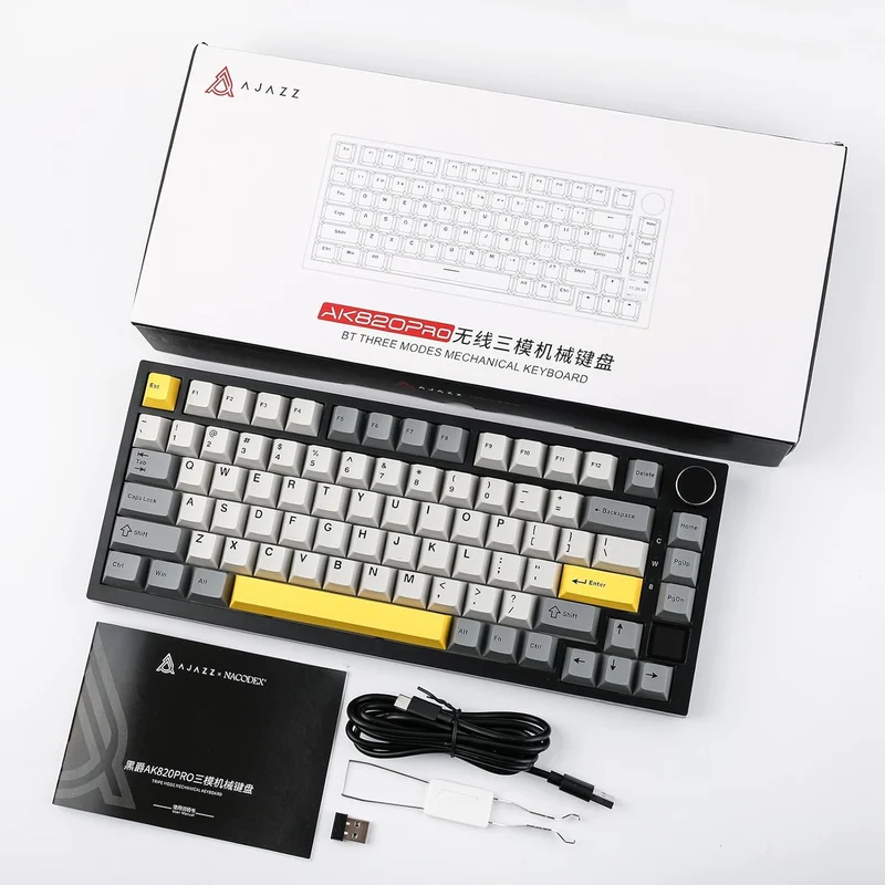 Ajazz AK820 Pro RGB Tri-Mode 75% Hot-Swappable Mechanical Keyboard with TFT Screen (Black/Grey/Yellow) (Flying Fish Switch)
