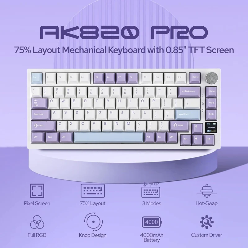 Ajazz AK820 Pro RGB Tri-Mode 75% Hot-Swappable Mechanical Keyboard with TFT Screen (Purple/White/Blue) (Flying Fish Switch)