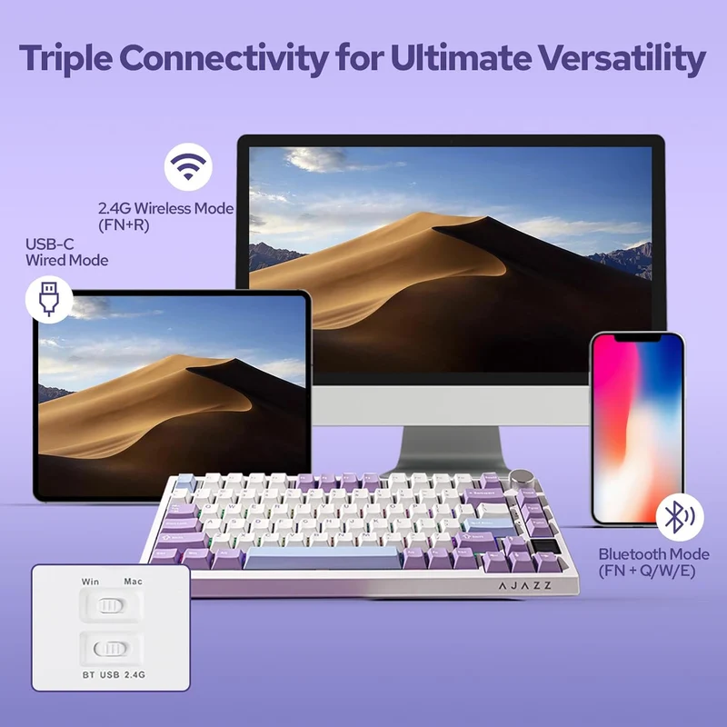 Ajazz AK820 Pro RGB Tri-Mode 75% Hot-Swappable Mechanical Keyboard with TFT Screen (Purple/White/Blue) (Flying Fish Switch)